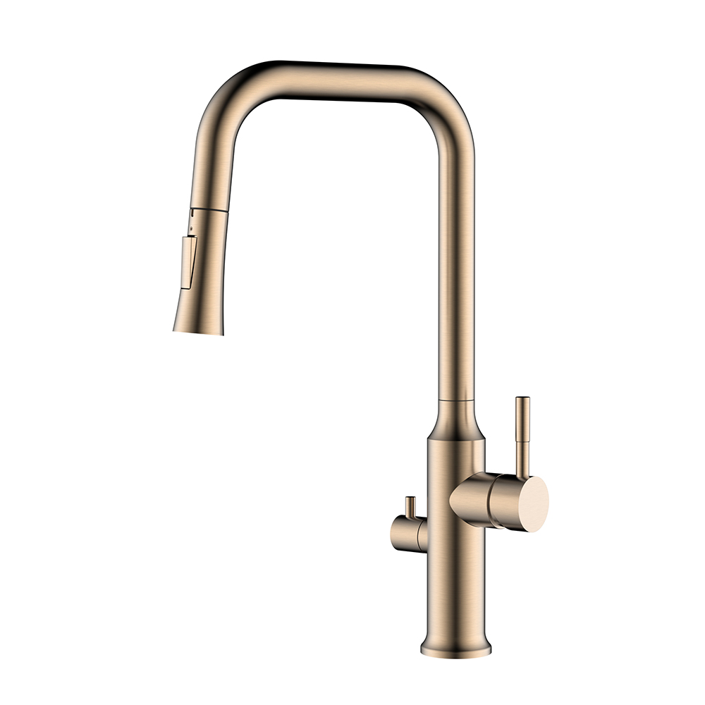 Grifo de cocina monomando de oro rosa con válvula para lavavajillas