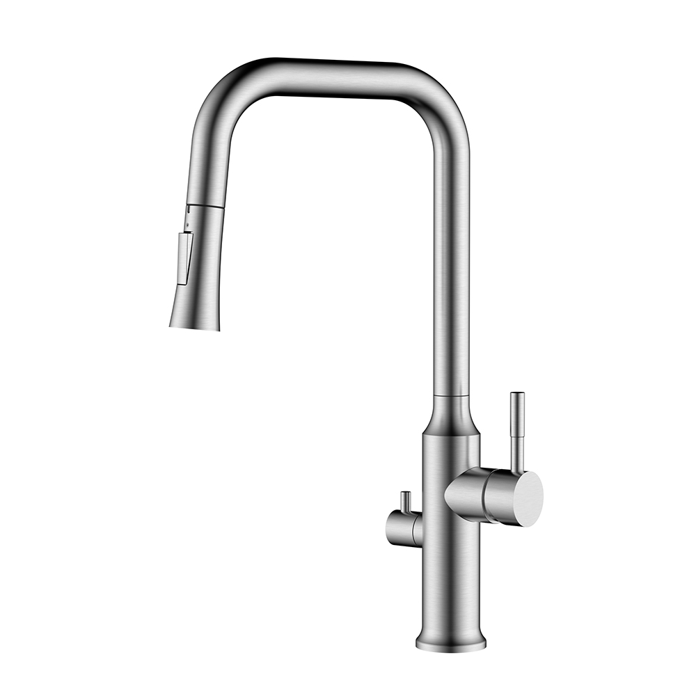 Grifo monomando de cocina abatible de acero cepillado con válvula para lavavajillas