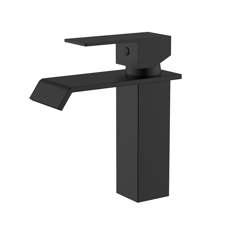 Grifo monomando para lavabo en cascada mono cuadrado negro mate con un orificio